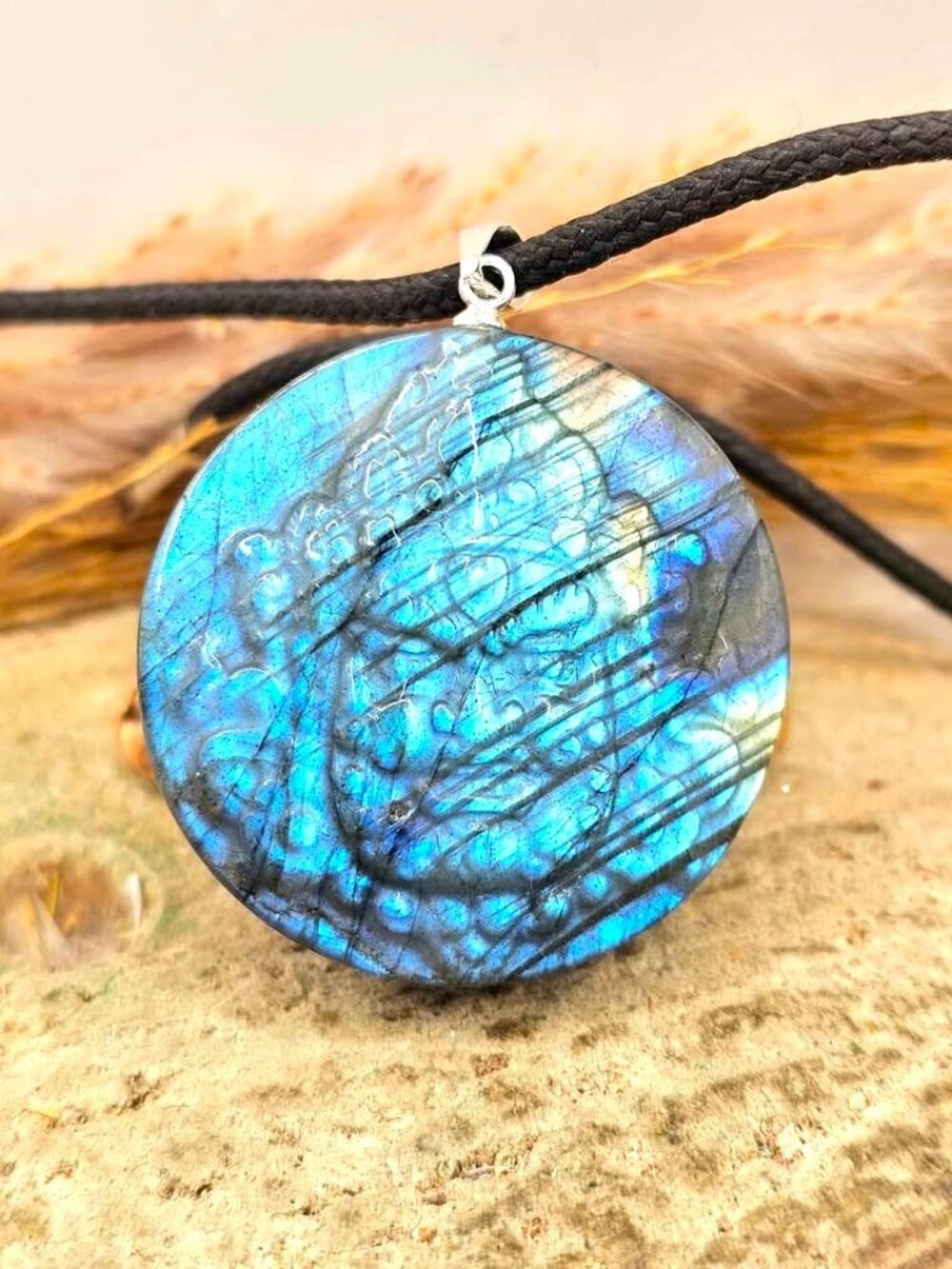 Nature Labradorite Tibetan Buddhism Wrathful Deity Pendant Necklace